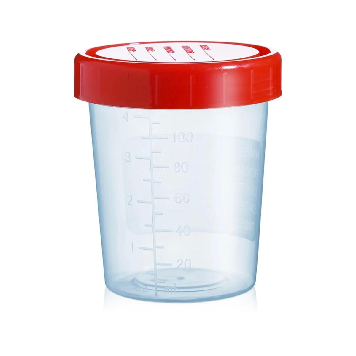 Frasco recolector de muestras estéril 100-120 ml con tapa rosca roja